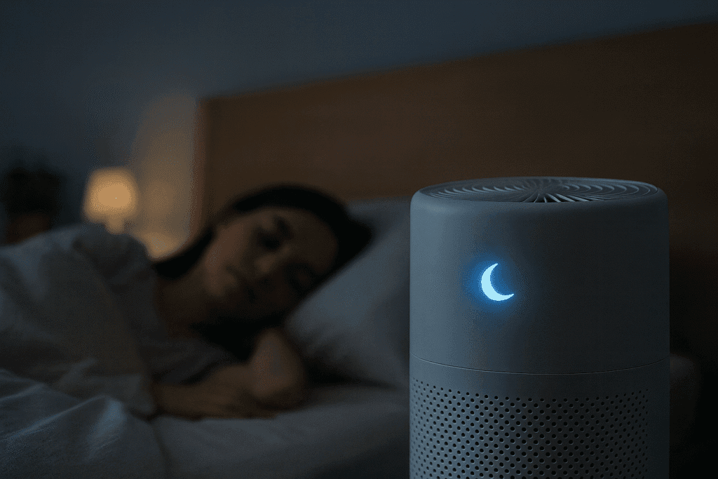 Purificador silencioso en modo noche en habitación para dormir