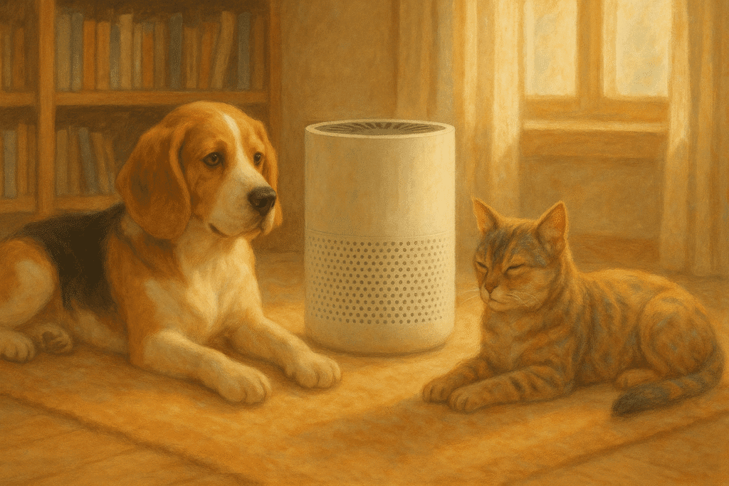 Purificador de aire para mascotas con perro y gato en una manta.